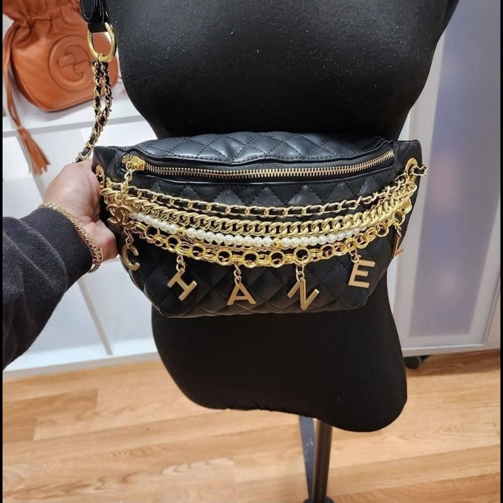 Black Quilted Crossbody Bag with Gold Chains